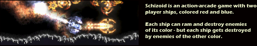 Schizoid is an action-arcade game with two player ships, colored red and blue.  Each ship can ram and destroy enemies of its color - but each ship gets destroyed by enemies of the other color.